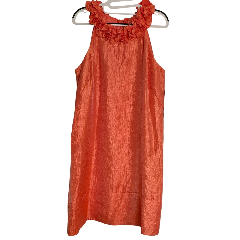 NWT London Times Coral Metallic Shimmer‎ Rosette Shift Sundress Coquette Sz 14